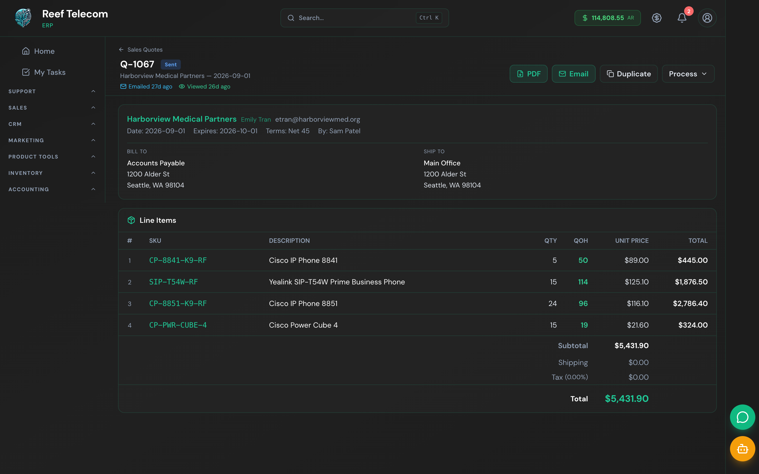 Quote builder with line items, vendor cost history and prepay terms panel