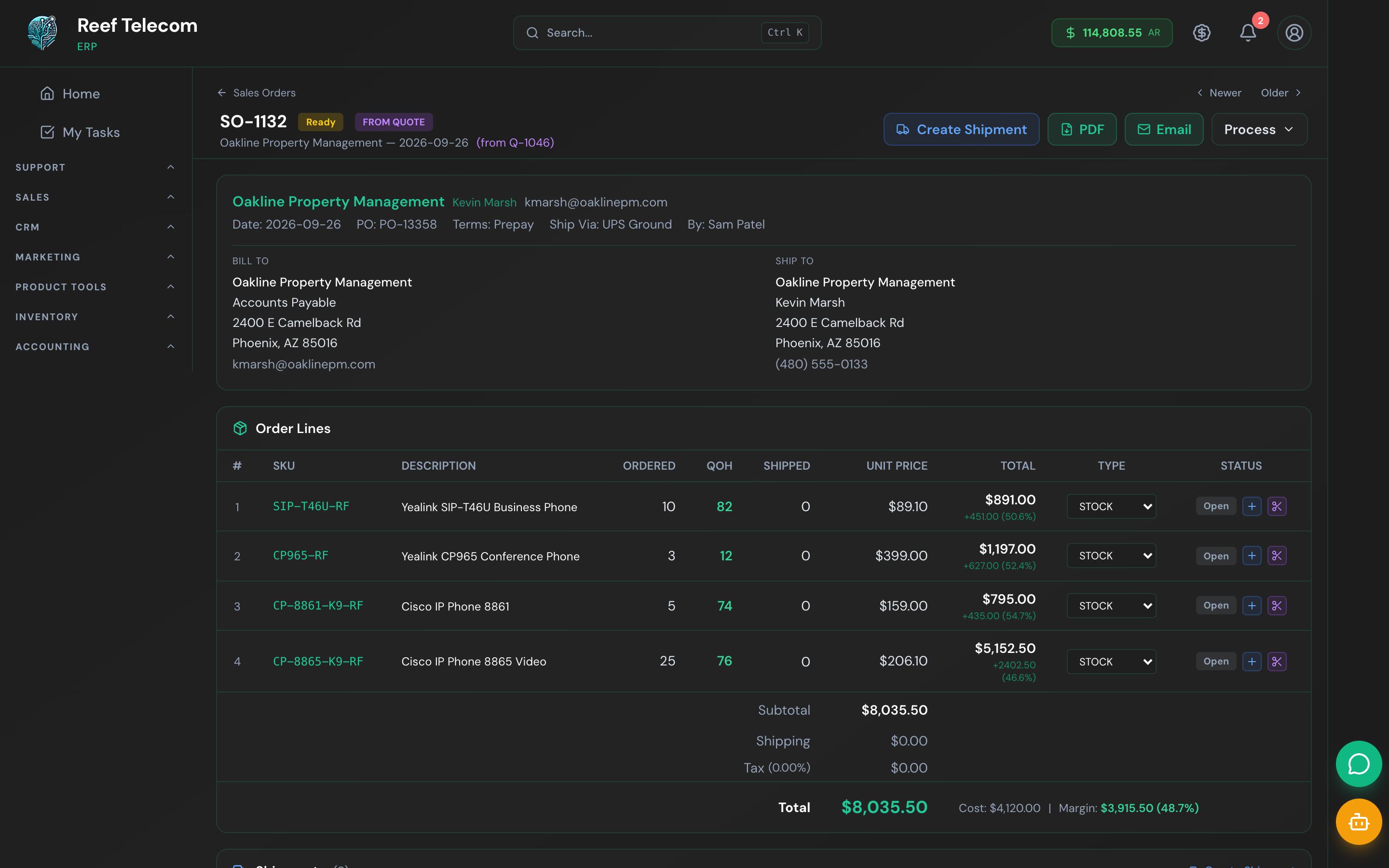 Sales order detail with per-line margins and drop-ship indicators