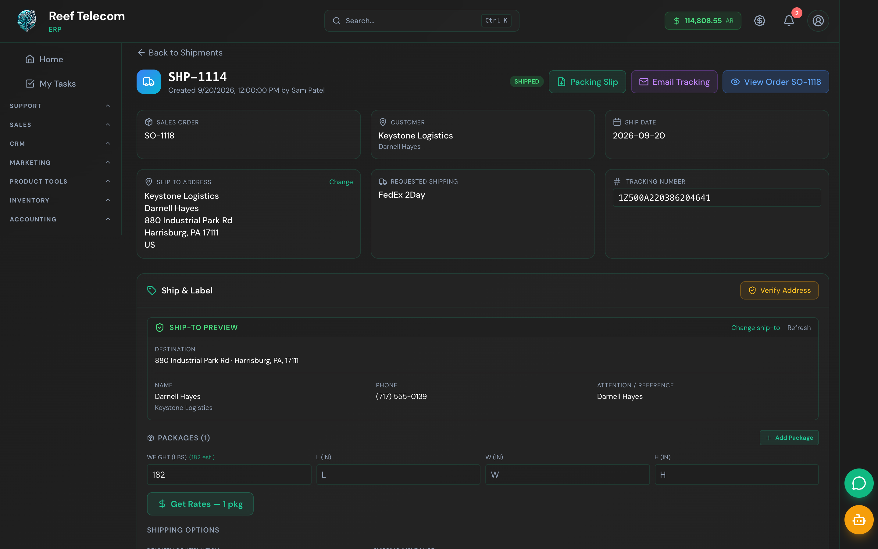 Shipment screen with ShipStation rate options and a purchased label